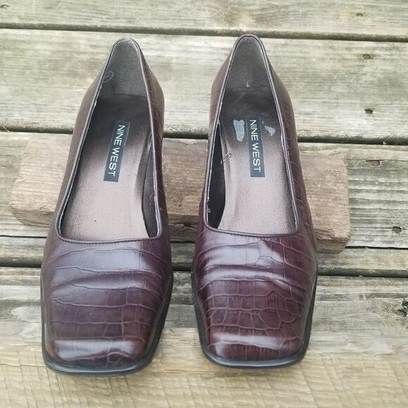 Vintage 90s y2k Brown Leather Croc Embossed Square Toe Chunky Heel Pumps 7 - Picture 10 of 14